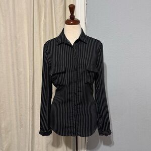 LARA Fashion Women Y2K Black & White Pinstripe Buttondown Long Sleeve Shirt Sz L